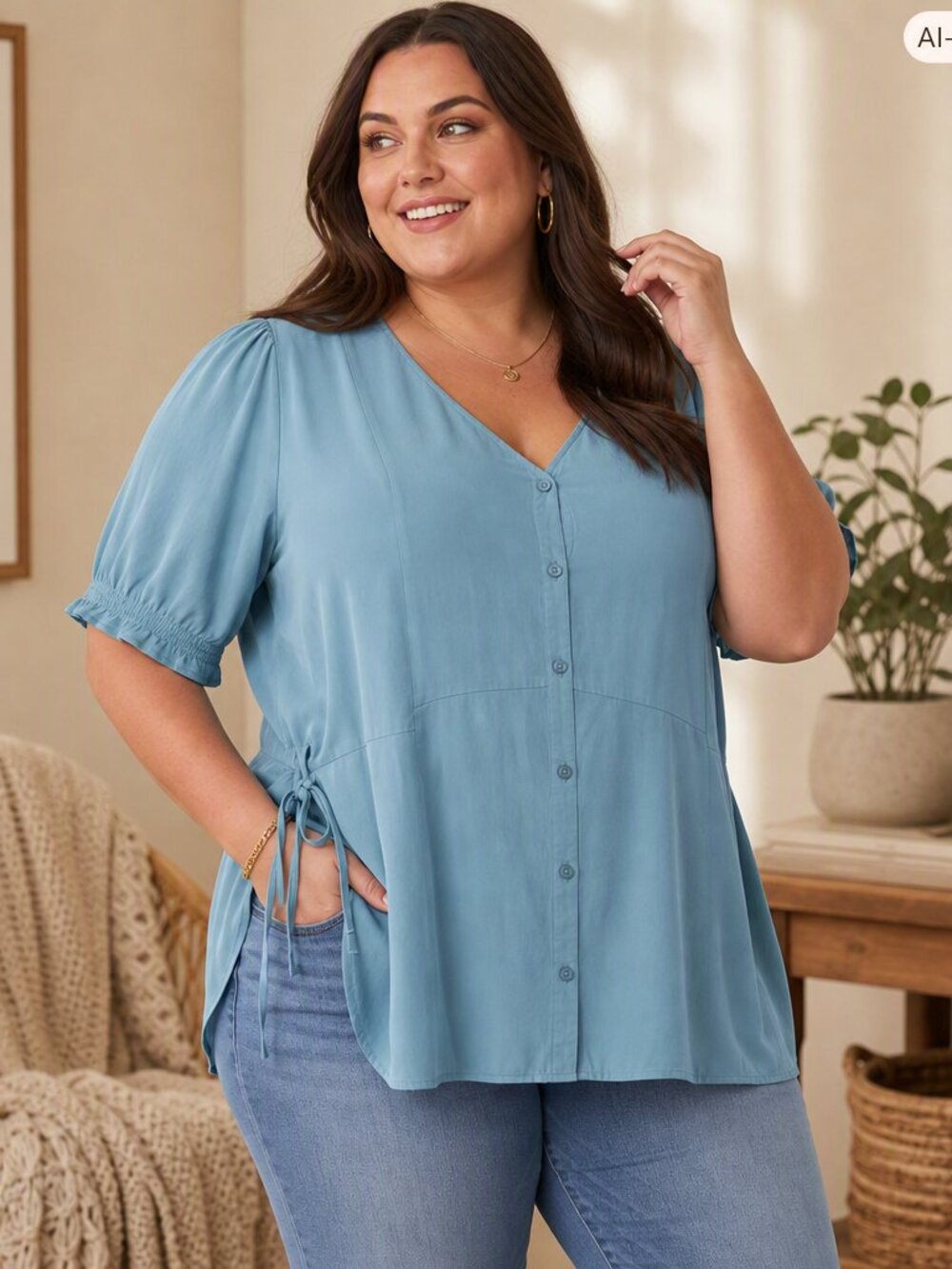 Torrid Light Tealish Blue V‑Neck Button‑Front Tunic with Side Tie – Size 3X (Lik